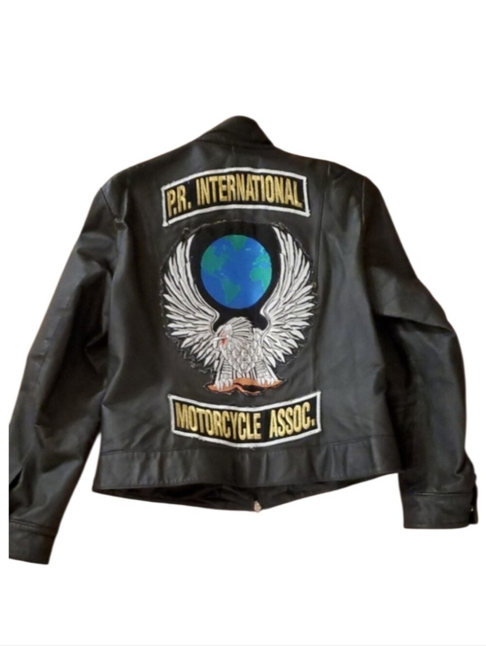 PR International Black Leather Motorcycle Jacket with Eagle Patch